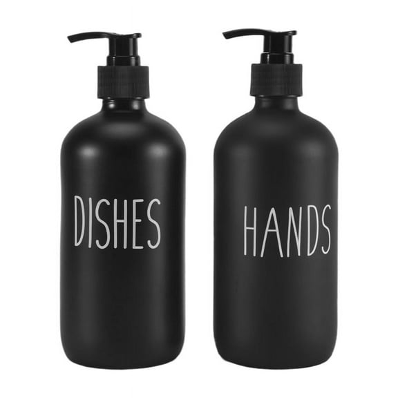 Soap Dispenser Set 2 Pack,Contains Dish Soap Dispenser and 16 Oz Glass Soap Dispenser with Pump (Black)