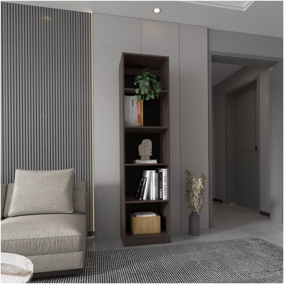 Modern Narrow 5-Tier Bookcase with Open Shelves, Stained Walnut Finish for Living Room & Home Office Storage