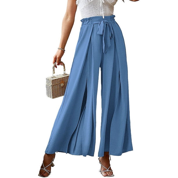 Pantalones anchos plisados de cintura alta con lazo sueltos de primavera y verano con cinturón