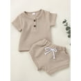 thumbnail image 2 of aturustex Newborn Baby Boy Girl Summer Outfits Solid Color Waffle Knitted Short Sleeve T-Shirt Tops Casual High Waist Tie-Up Triangle Shorts 2Pcs Set, 2 of 9