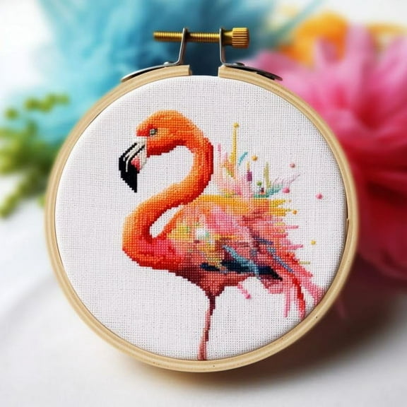 Generic Counted Easy Cross Stitch Kits Flamingo Color Stamped Embroidery for Starter Kits DIY 11CT Stamped Patterns Embroidery Needlework Kit Supplies 12 Inch Hoop Included(38-f), ZGF-XIUPE 113dk38