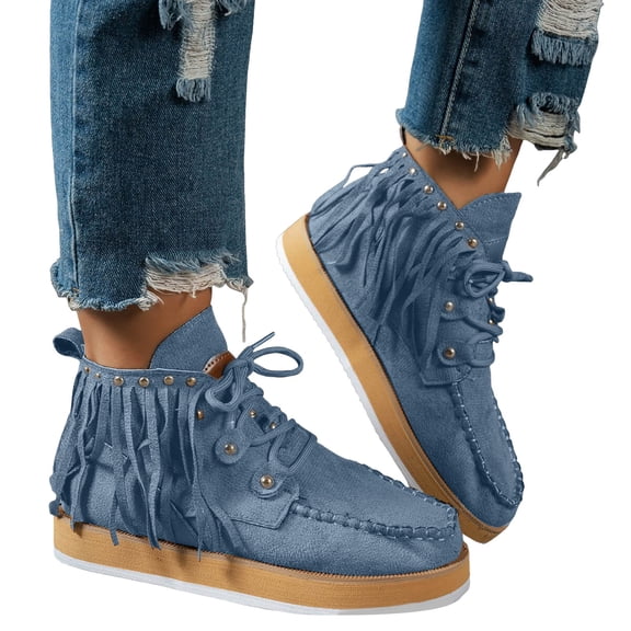 Womens Vintage Fringe Platform Boots Suede Studded Tassel Ankle Booties Lightweight Lace Up Casual Shoes