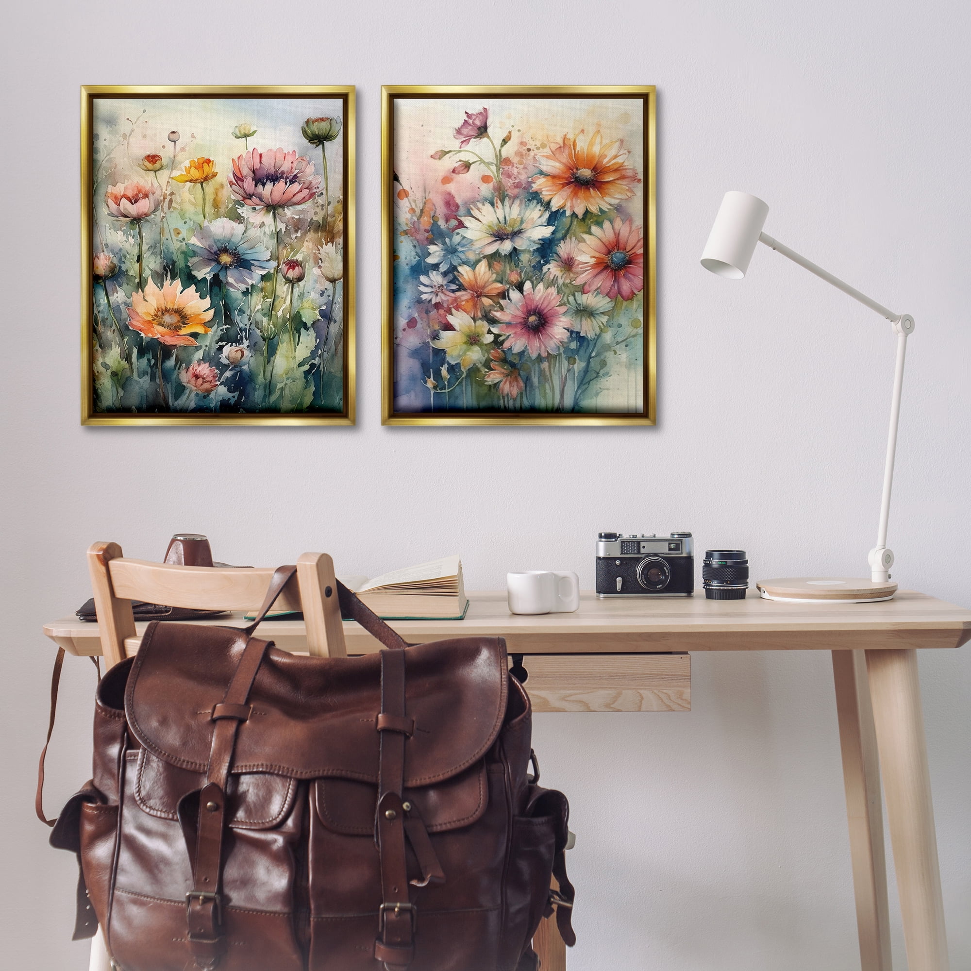 Stupell Industries Watercolor Daisy Field Flowers Plants & Flowers Painting Gold Floater Framed Canvas Art Print Wall Art, 31 x 25, Set of 2