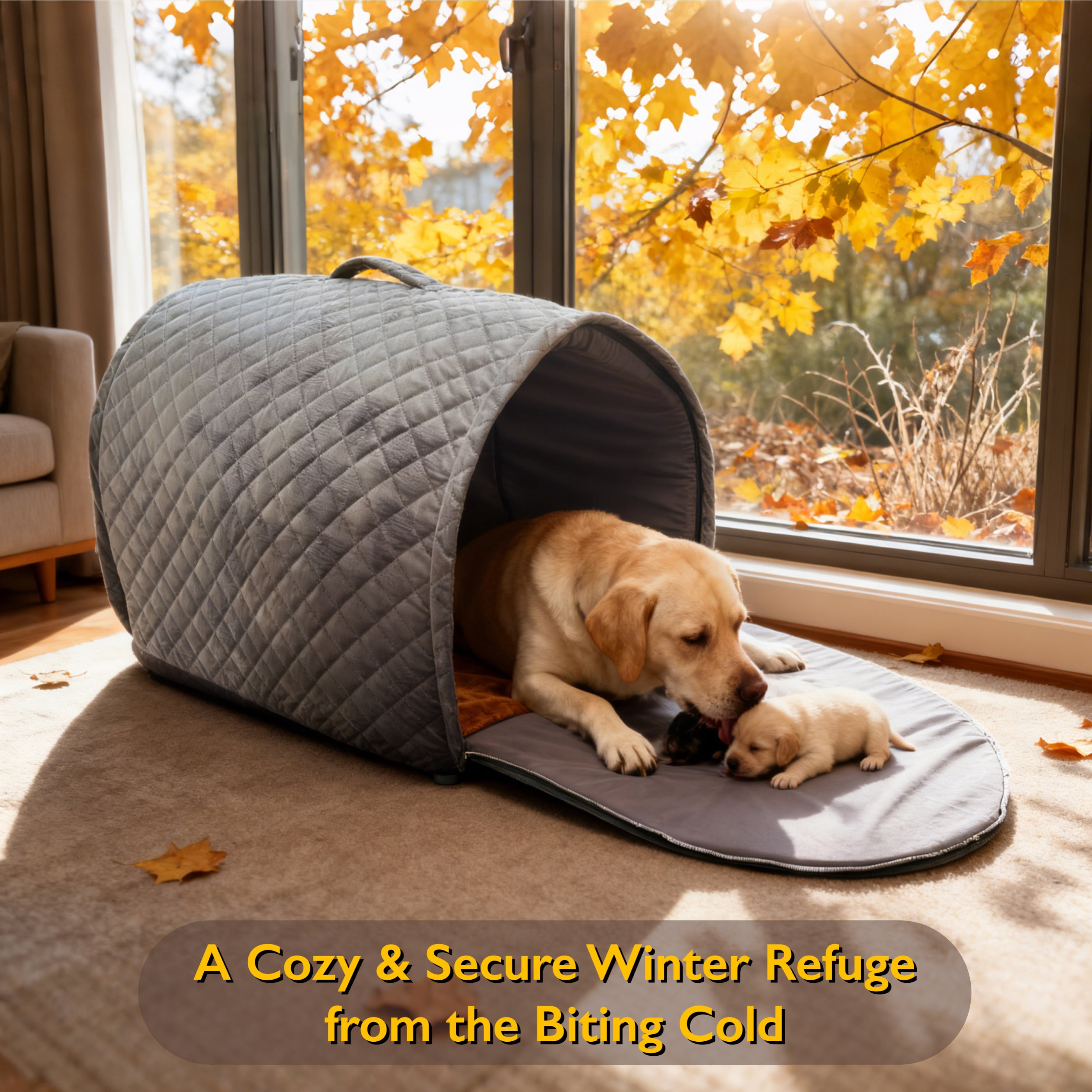 2 in 1 Large Indoor Dog House Bed with Cover Cave, Insulated Warm Cave Bed for Large Size Dogs, Covered Cozy Pet Nest Kennel, Washable Cover, Grey Quilted