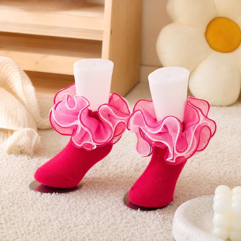 Textilo Girls Big Ruffle Ankle Double Lace Turn Cuff Dress Socks,Women Cute Adult Ruffled Frilly Sock,Hot Pink L(6-8Years), Women's, Size: Large(6