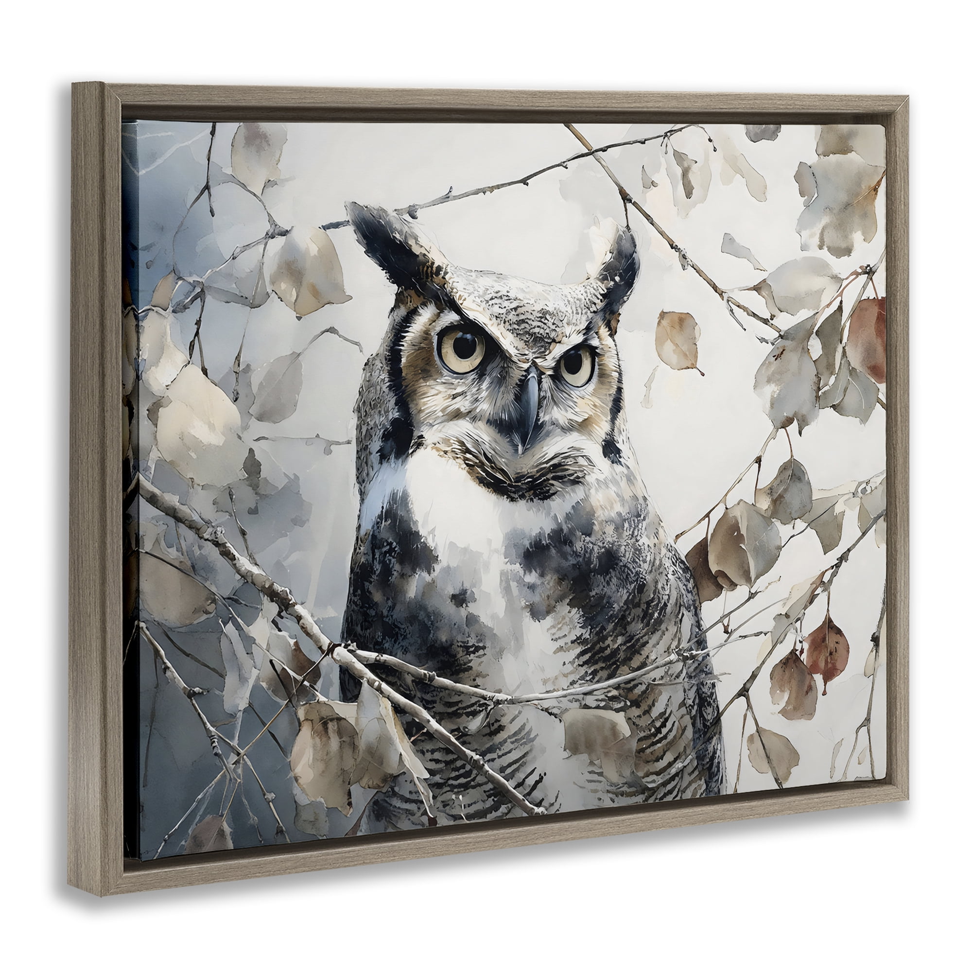 Stupell Industries Horned Owl Perched Brown Framed Floater Canvas Wall Art, design by Franklyn Gregory