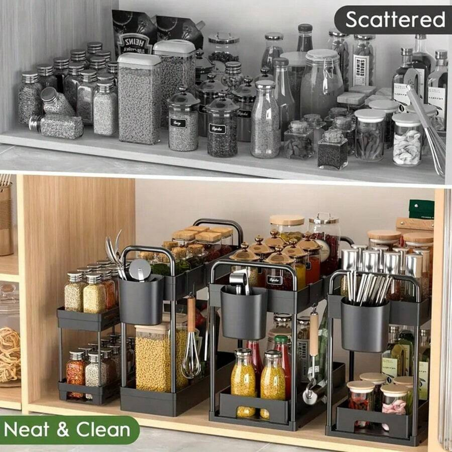 NTGFU 4 Pack Under Sink Organizer and Storage - Stackable 3 Size 2 Tier Bathroom Under The Sink Organizers Multi-Usage Kitchen Cabinet Organizers and Storage Sink Bath Shelf Baskets