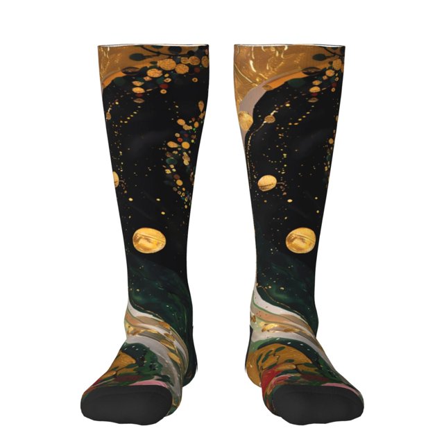 Fotbe Abstract Gold Floral Galaxy Calcetas Divertidas Estampadas para Hombre y Mujer, Calcetas de Algodón hasta la Rodilla para Caminar, Correr, Enfermería y Embarazo