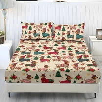 ZIATUBLES 3 Pcs Twin Size Sheet Set, Soft Comfort Bedding Sets with 1 Fitted Sheet and 2 Pillowcases, Cooling Cozy Christmas Holiday Bed Sheets, Beige Christmas Dachshund