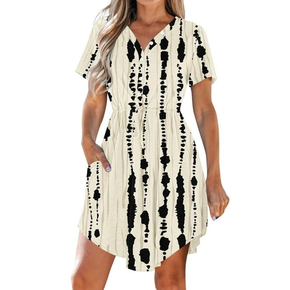 WRKEKC Summer Casual Dresses for Women, Womens Plus Size T-Shirt Dresses, Women's Summer Casual V-Neck Short Sleeve Drawstring Dresses with Pockets