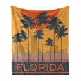 thumbnail image 1 of Beach Saying Soft Flannel Fleece Throw Blanket, Florida Coast with Grunge Effect Setting Sun Palm Trees, Cozy Plush for Indoor and Outdoor Use, 70" x 90", Orange Marigold, by Ambesonne, 1 of 6