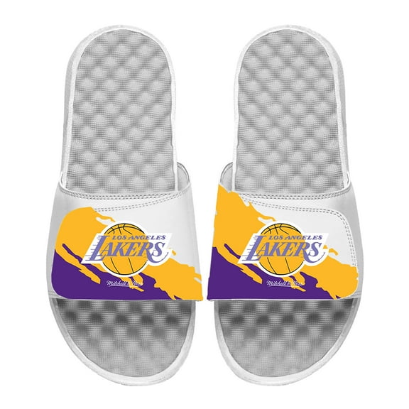 Men's ISlide x Mitchell & Ness White Los Angeles Lakers Paint Stripe Slide Sandals