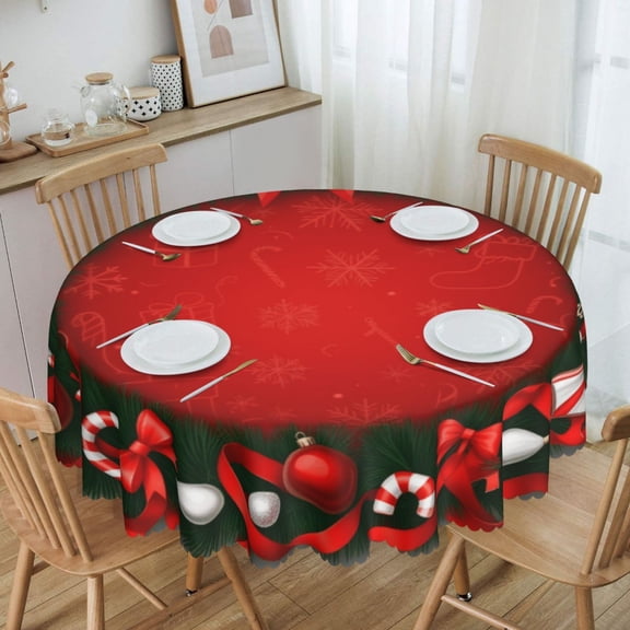 Festive Red Christmas Wreath Round Tablecloth Waterproof Oil Proof Spill Proof Table Cloth 70" for Camping, Dining, Indoor and Outdoor Table Cover