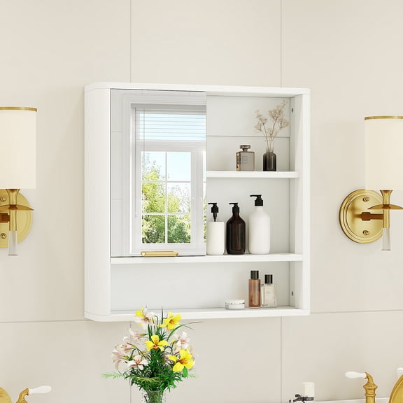 JUFU Bathroom Wall Cabinet with Sliding Mirror Door, 3-Tier MDF Medicine Cabinet, Wall Mounted Bathroom Storage Organizer for Bathroom, Powder Room & Small Spaces