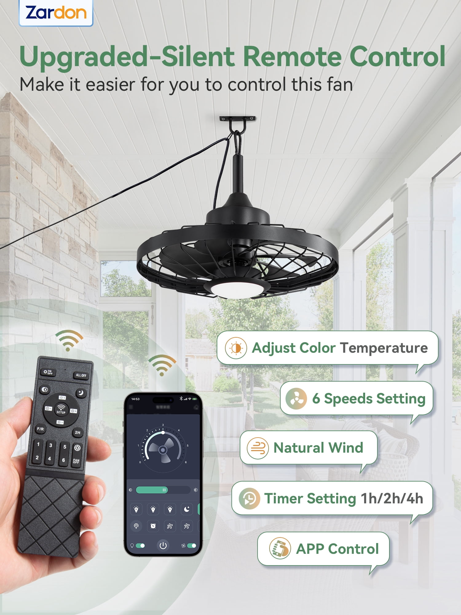 Zardon 20" Outdoor Ceiling Fan with Light and Remote Control, Waterproof Farmhouse Hanging Ceiling fans for Patio Gazebo Porch Pergola, 6 Speeds, APP Control, Black
