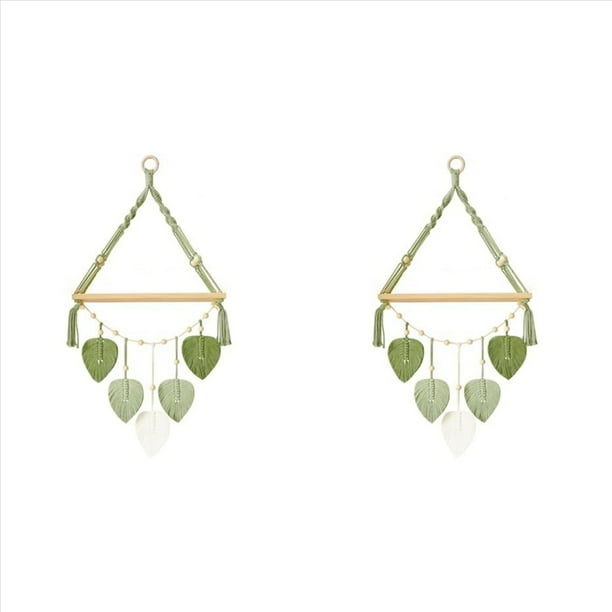 2X Estante Colgante de Pared de Macramé, Estantes Bohemios para Colgar Plantas de Pared con Hojas Tejidas Hechas una Mano, Estante de Exhibición de Almacenamiento de Madera Rústica