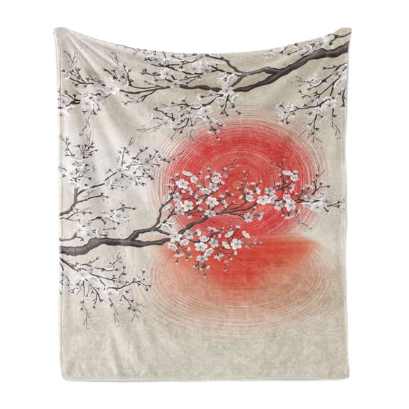 Cherry Blossom Soft Flannel Fleece Throw Blanket, Japanese Folkloric Themed Sakura Tree, Cozy Plush for Indoor and Outdoor Use, 50" x 70", Grey Yellow DArk Coral, by Ambesonne