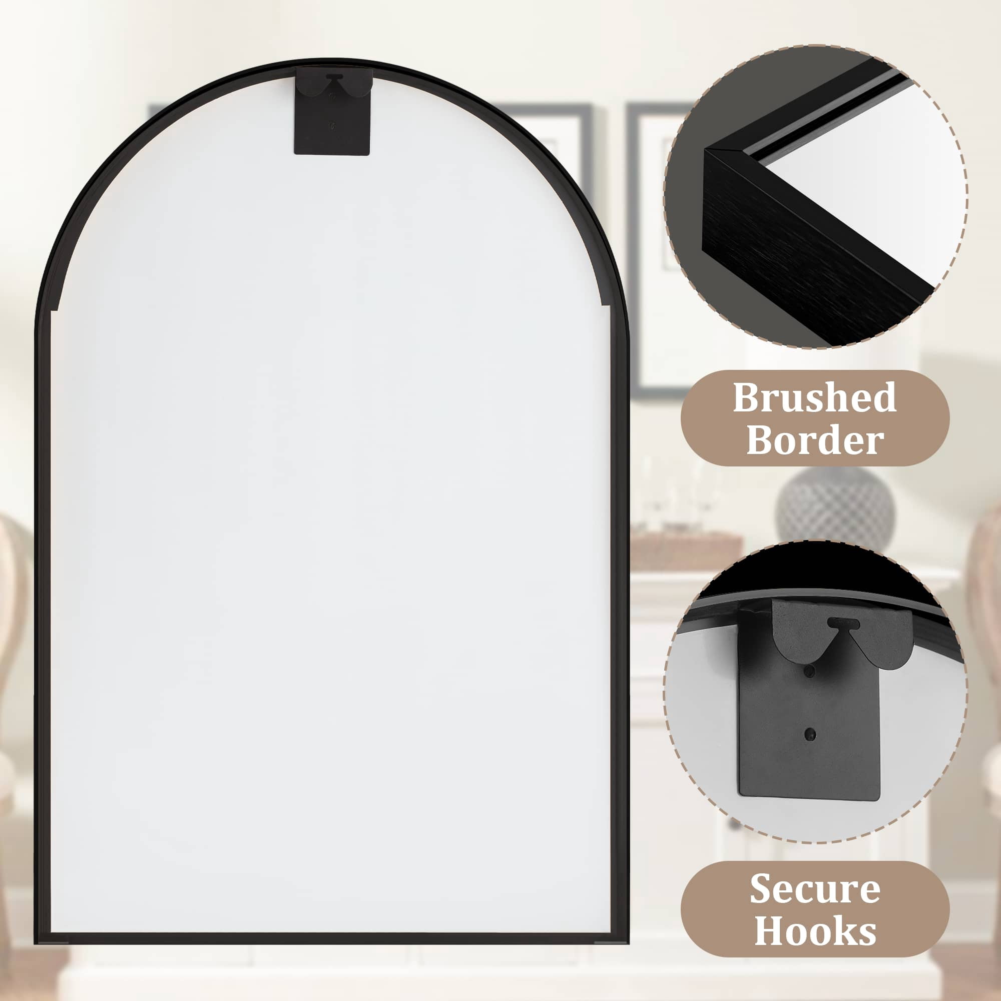 36"x 24" Aluminum Alloy Thin Edge Arched Bathroom Hanging Mirror,Black