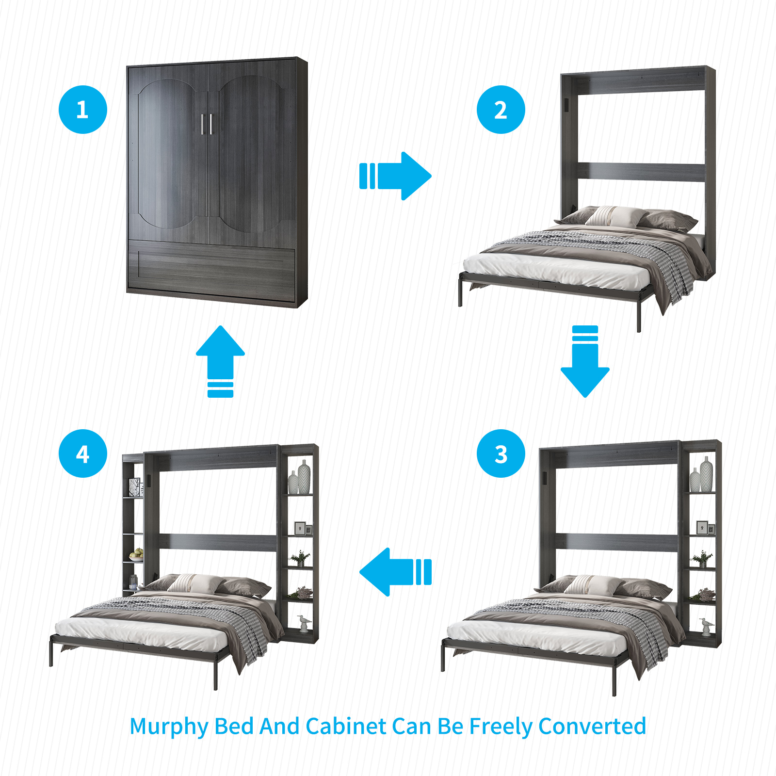 MUZZ Queen Murphy Bed with Upright Wardrobe, Space Saving Folding Murphy Wall Bed Cabinet for Bedroom /Apartment (Dark Grey/Style 11)
