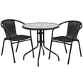 thumbnail image 1 of 28'' Round Glass Metal Table with Black Rattan Edging and 2 Black Rattan Stack Chairs, 1 of 9