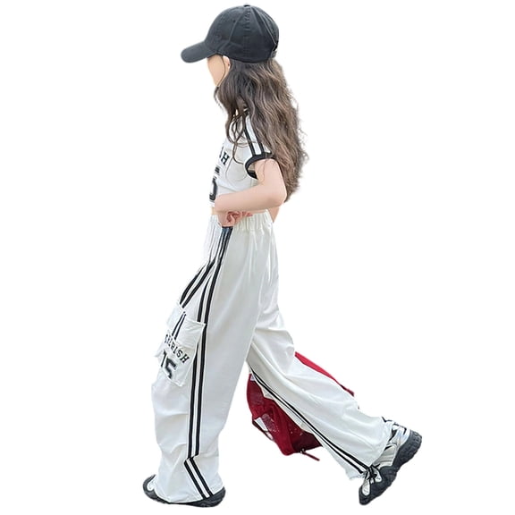 FINALGANG Girls Streetwear Cargo Pants Kids Elastic Waist Wide Leg Loose Fit Trousers With Detachable Denim Waistband For Dance Daily Wear Leisure Bottoms