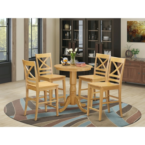Counter Height Pub Set High Table And Kitchen Chairs Finish Oak Number Of Items 5 Shape Round Style Wood Seat Com 5 Shape Round Style Wood Seat, Round Tall Table And Chairs
