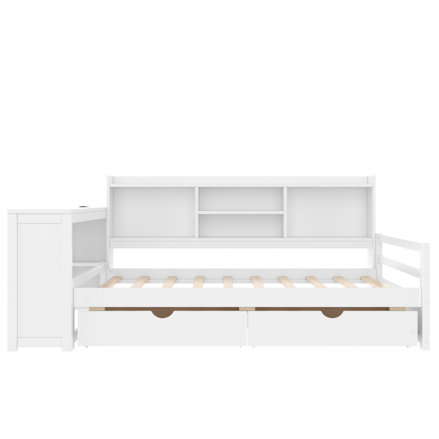 Leumius Twin Size Corner Bed with Desk and Storage Bookcase,Modern Daybed with 2 Drawers,Twin Size Wood Bed Frame with Charging Station,White