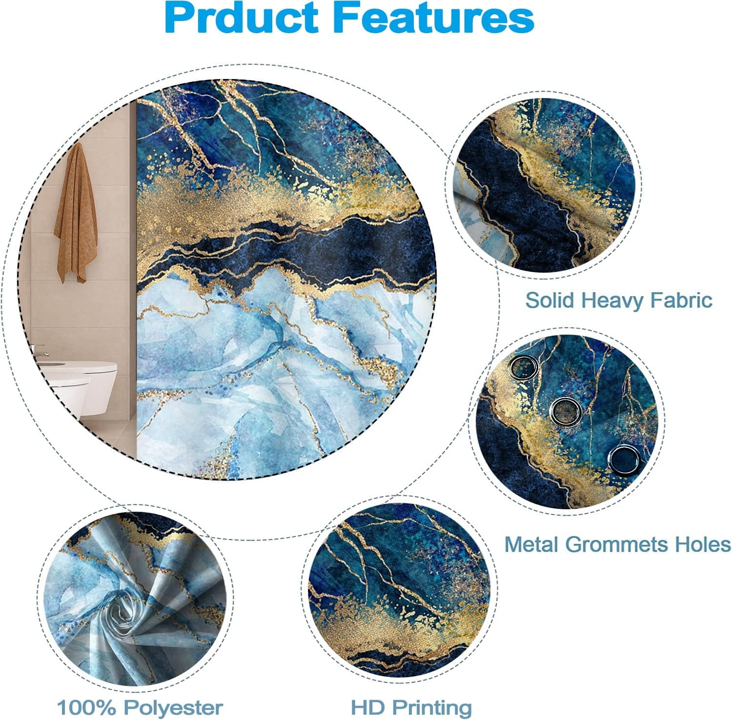 Navy Blue Shower Curtain for Bathroom Marble Light Blue Gold Stall RV Bathtub Home Decoration White Room Partition Waterproof Fabric Shower Curtains 36x72 inches with Hooks