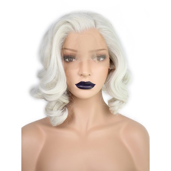 Anogol Gorro de Pelo+ Platino Corto Rubio 13?3 Peluca Delantera de Encaje Mujeres Blancas Pelucas Onduladas Rizadas Bob para Drag Queen Peluca de Encaje Ondulada Sintética del Cuerpo Disfraces de Cabe