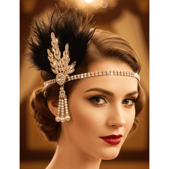 1920s Flapper Feather Headband Leaf Rhinestones Headpiece Pearl Roaring 20s Headdress Hair Accessories for Women