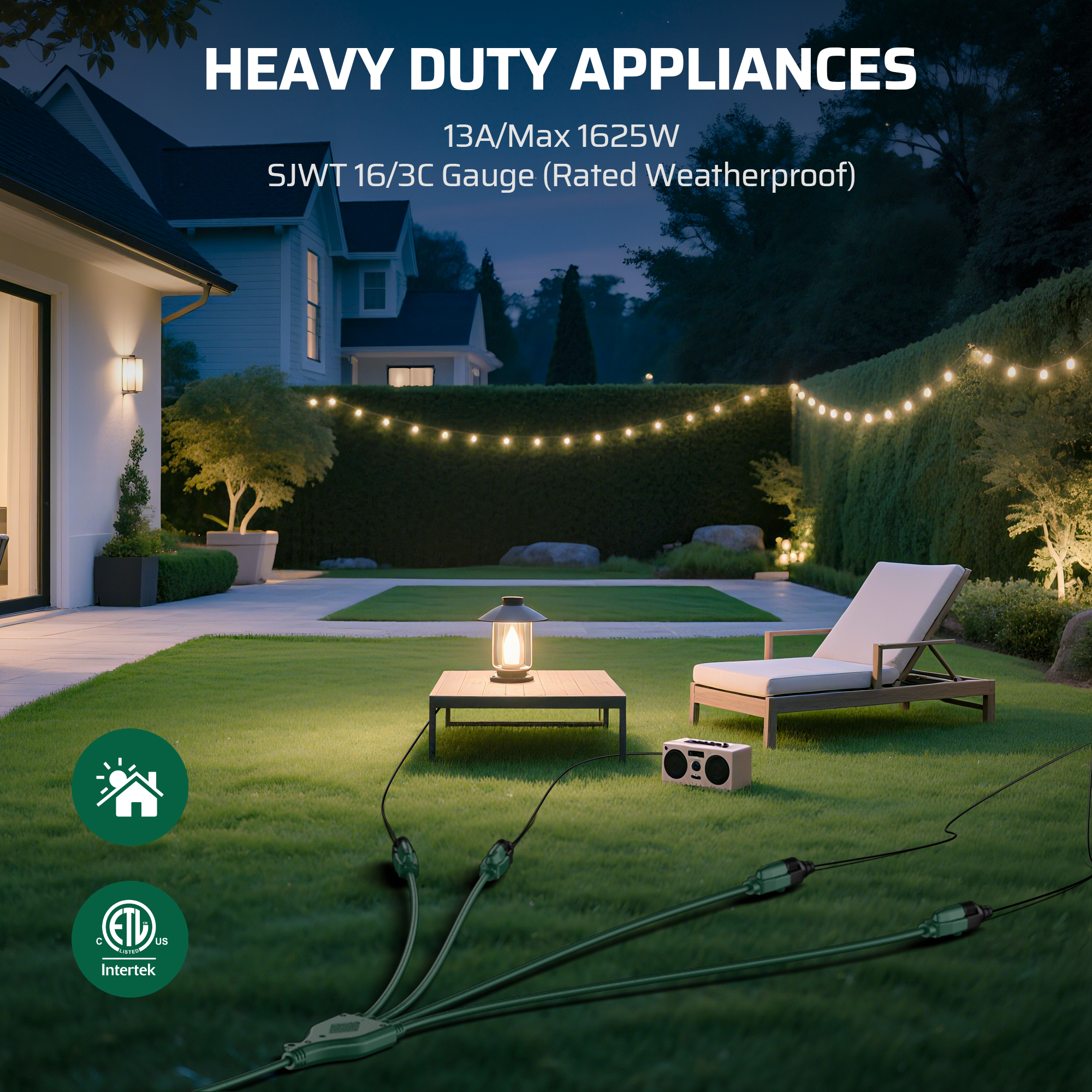 DEWENWILS 49FT (25'+6'+6'+6'+6') Outdoor Extension Cord for Christmas Lights with 4 Outlets 3 Prong 16 AWG SJTW Safety Cover