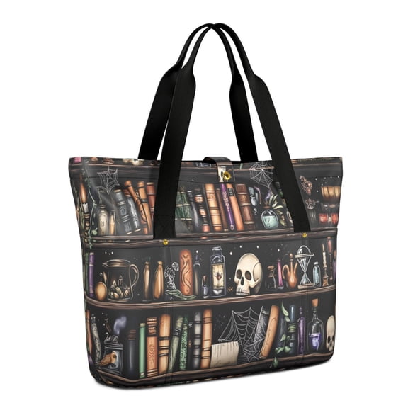 Tote Bag for Women - Black Halloween Skull Book Pattern Shoulder Bag - Large Utility Work Duffle Bag with Zipper Handbag for Travel, Work, Sprots