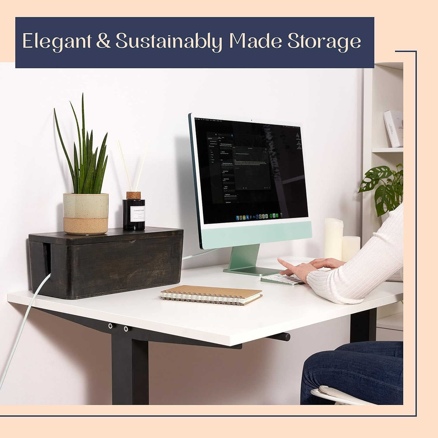 Luxe Designs | Large Cable Management Box – Rustic Black Wooden Cord Organizer for Home & Office - Power Strips & Surge Protector - Wire Storage for Desk & Floor