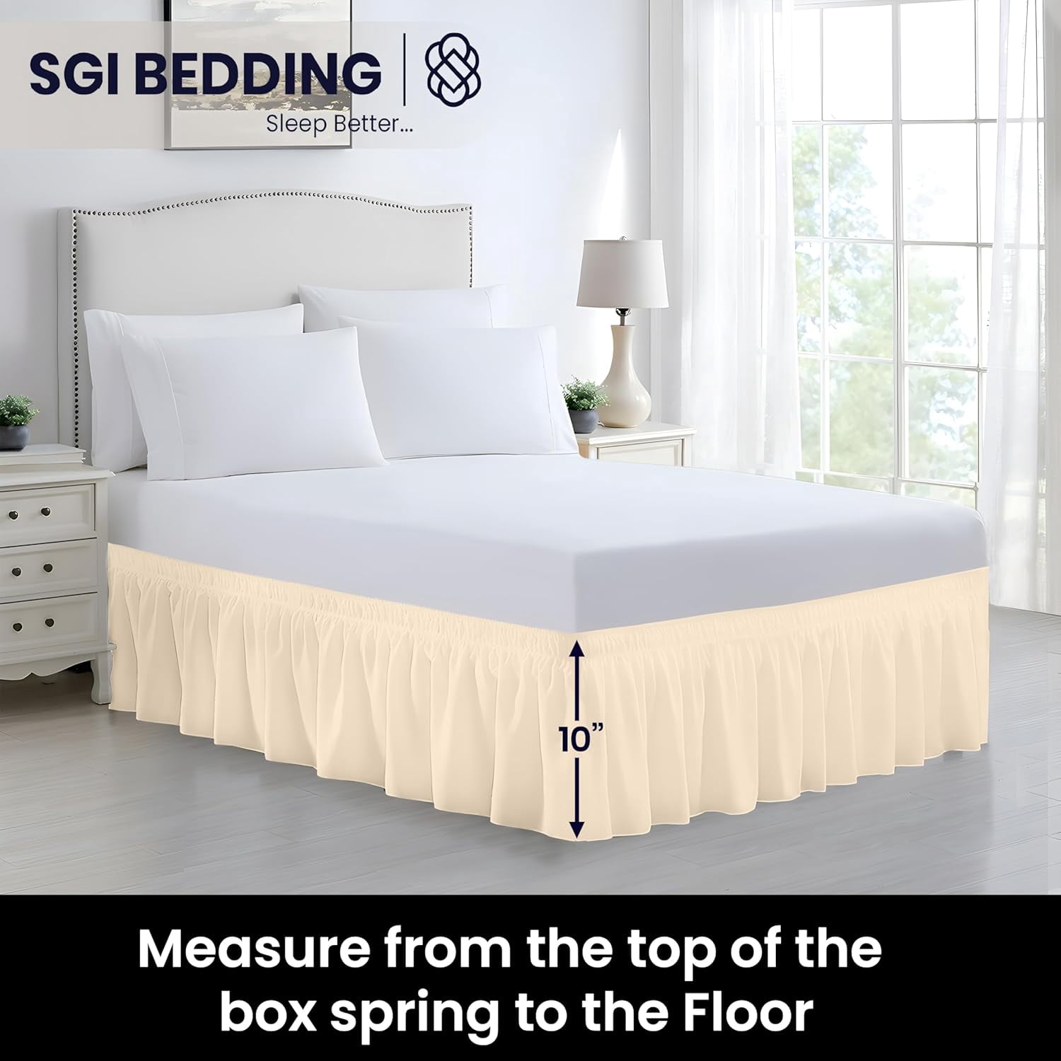 SGI bedding 10 inch Drop Wraparound Bed Skirt King Size - No Lifting Required, Adjustable Easy Fit Elastic Strap, Classic Gathered Styling Dust Ruffle, Fade Resistant -Beige