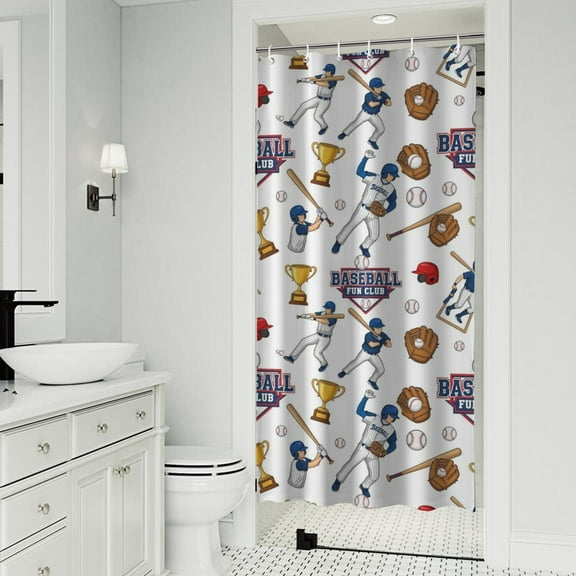 White Baseball Fun Club Pattern Shower Curtain 36"x72" ,Bathroom Decorative Shower Curtains Set with 12 Hooks,Modern Waterproof Washable Shower Curtain