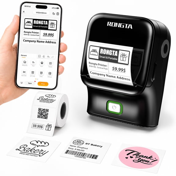 Rongta Bluetooth Label Maker Machine, Thermal Label Printer Easy to Use for Office, Home, Business, with 1 Roll 2x1.18 inch White Label(Black)