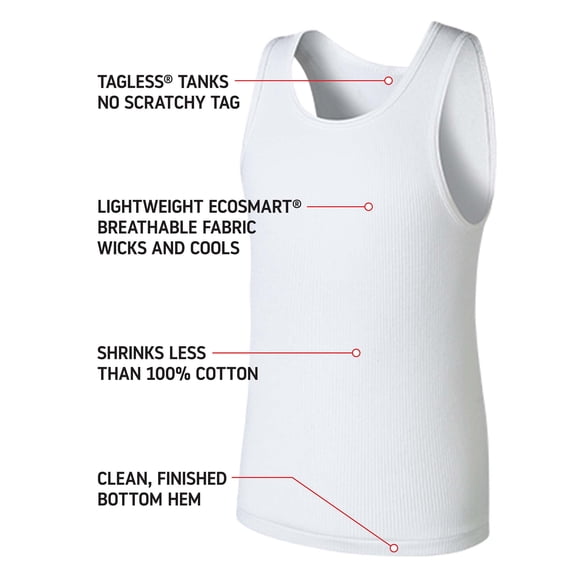 Hanes Boys Undershirt, 5 Pack Tagless EcoSmart White Tank Undershirts Sizes 6/8 - 18/20
