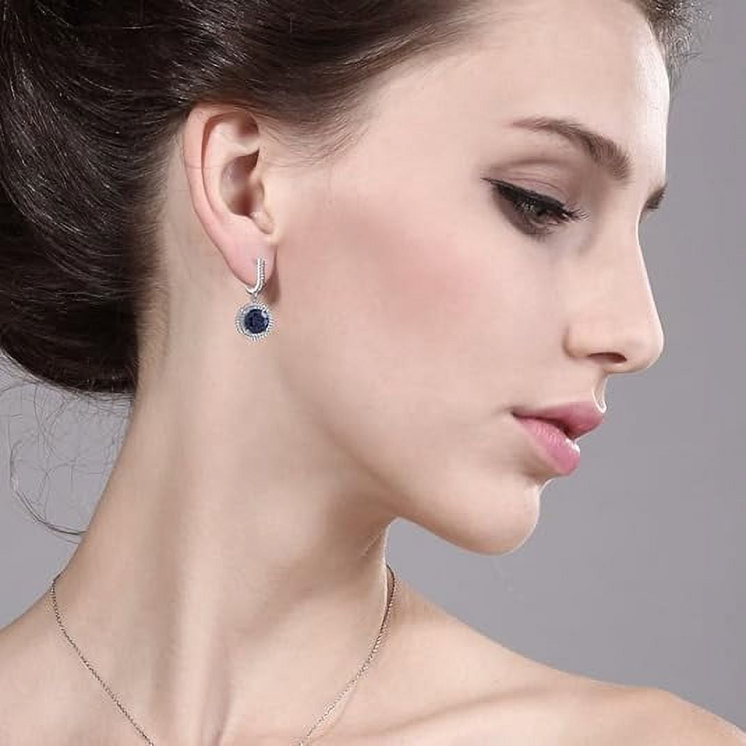 Divine Creation 925 Sterling Silver 2.20 Ct Round Cut Blue Sapphire & white Diamond Lever Back Drop Earring's 14K White Gold Plated For Women's