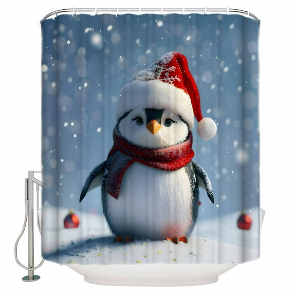 Fabric Shower Curtain, Christmas Winter Snowflake Red Ball Funny Penguin Bathroom Curtain with 12 Hooks Waterproof No Bad Odor Machine Washable Bath Curtains for Bathroom, Spa Room, 36"x72"