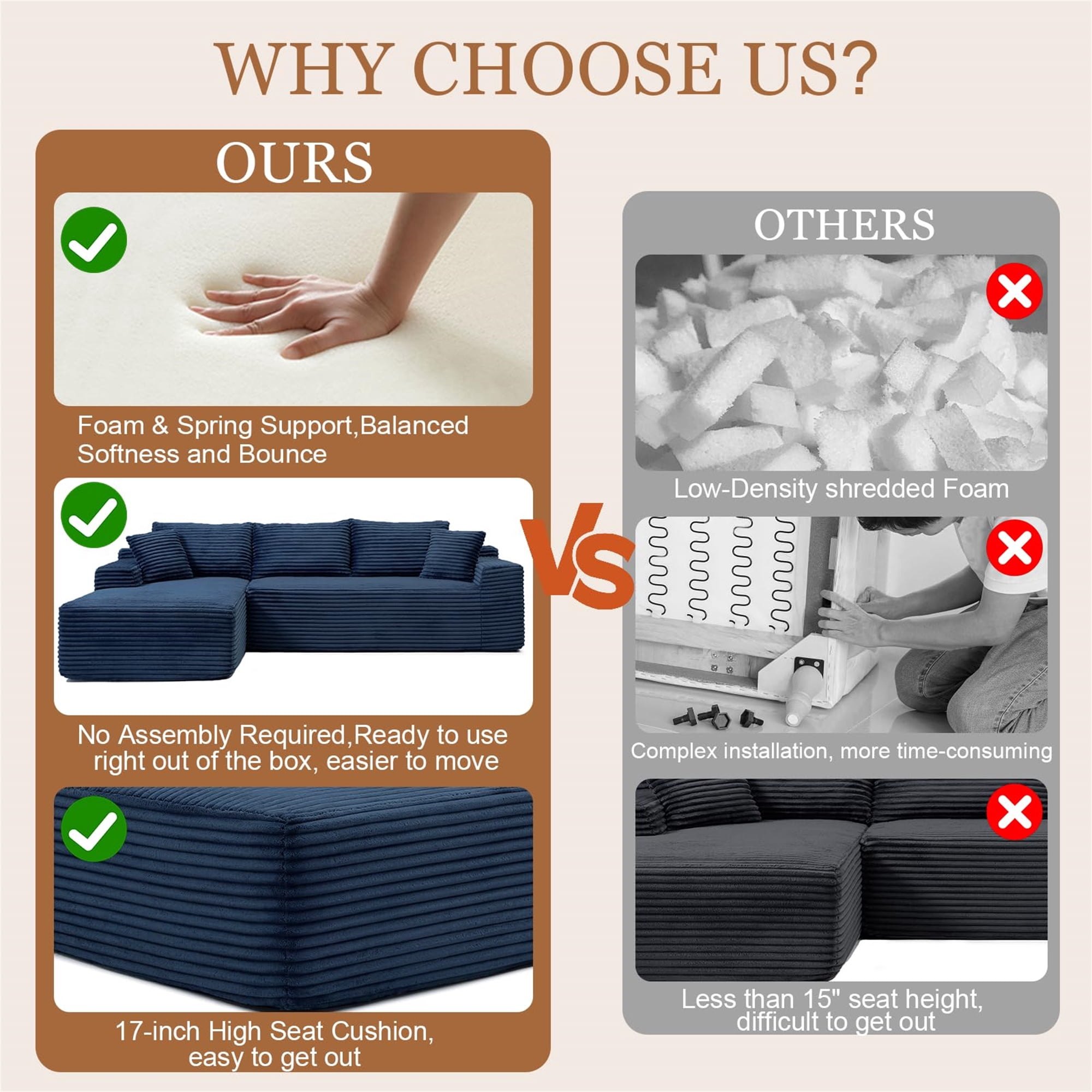 Aukfa 105" Cloud Sectional Sofa Boneless Couch Modular Sofa Bed for Living Room, 2Pillows, Left Chiase, Corduroy, Blue