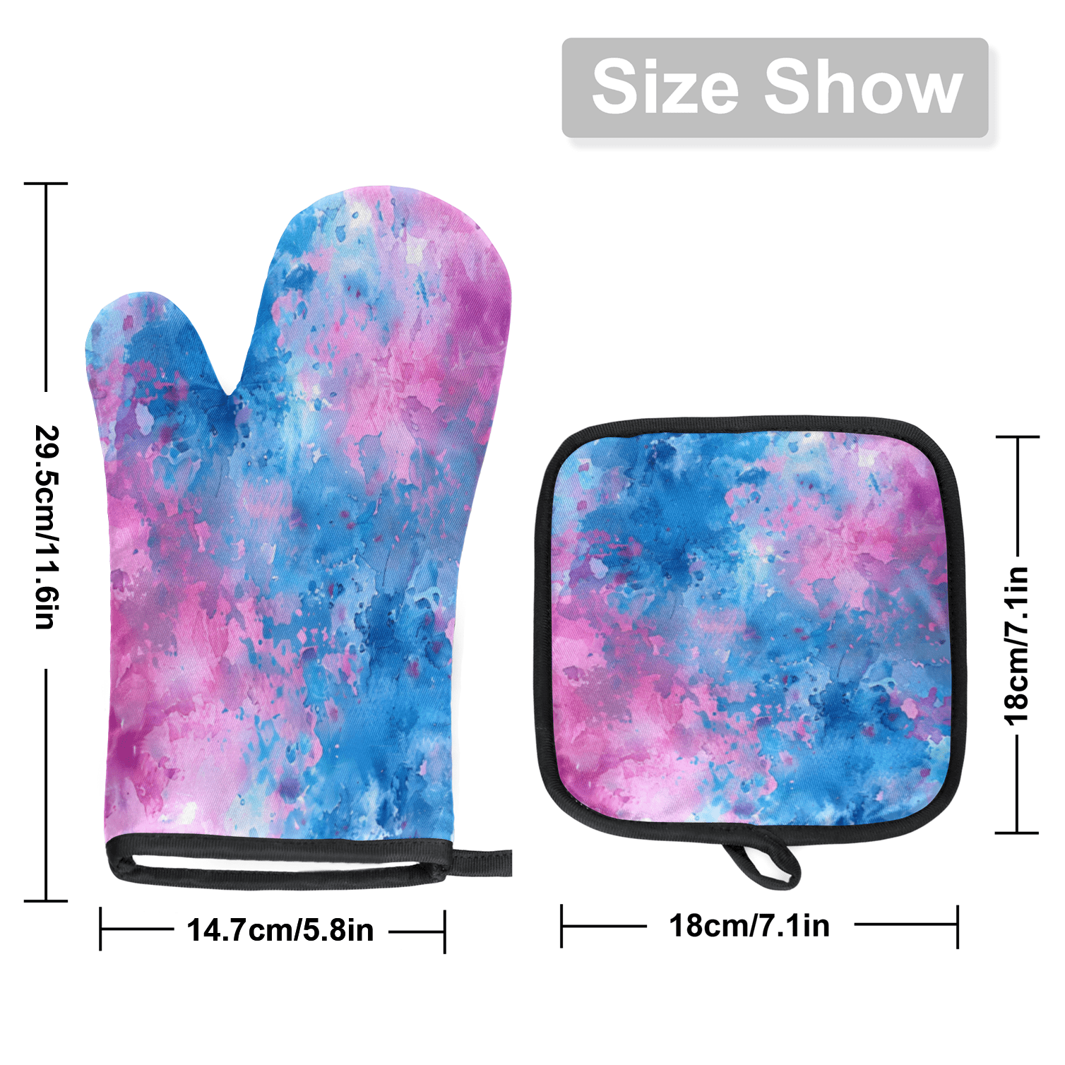 CURLYOOT Tie Dye Oven Mitts and Pot Holders Sets of 2, Non-Slip Washable Watercolor Textured Hot Pads and Oven Gloves for Kitchen Cooking Baking