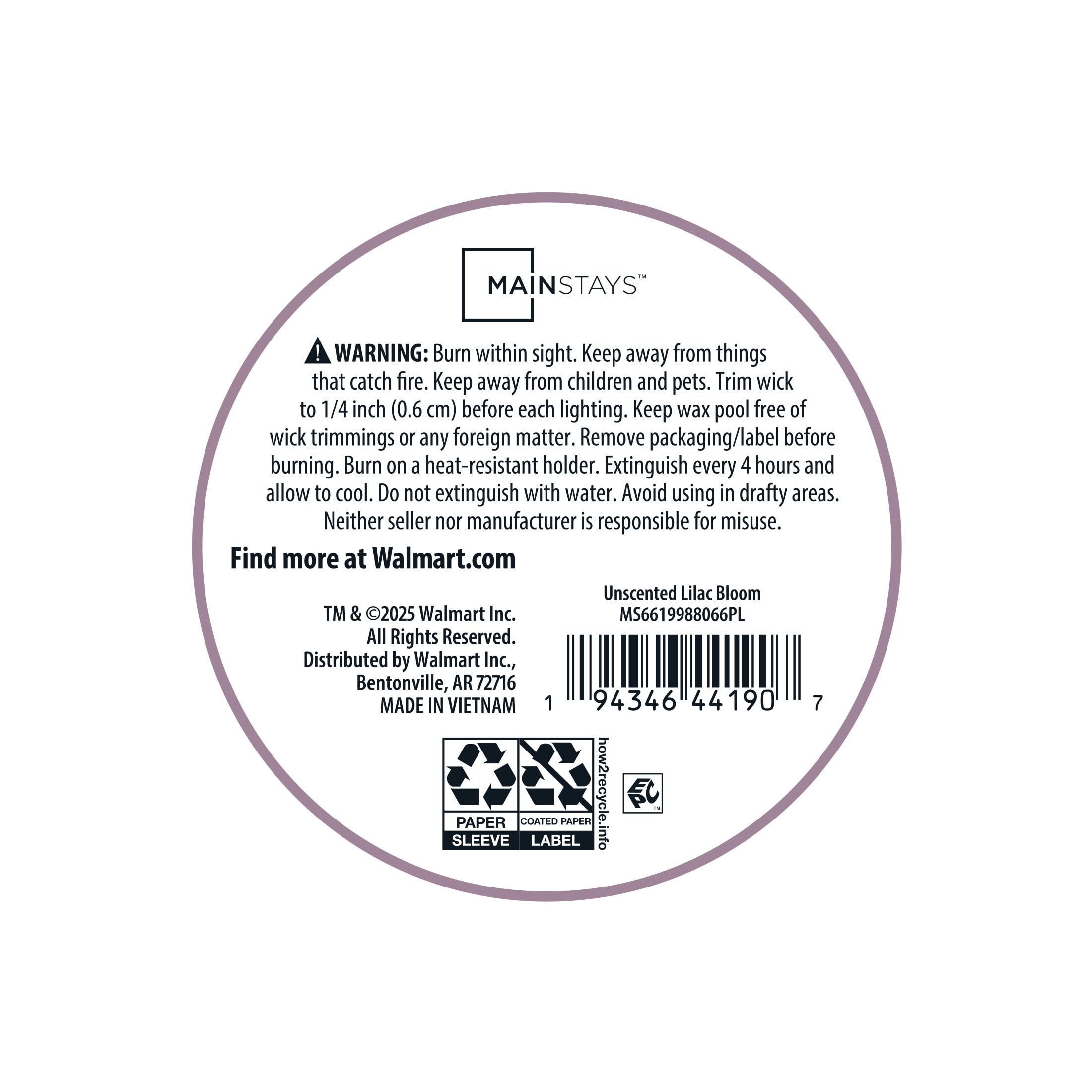 Mainstays Single Wick 3" x 6" Pillar Candle, Unscented, Purple