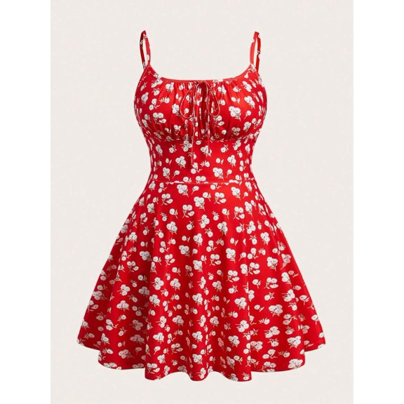 Red Floral Print Fit & Flare Mini Dress With Spaghetti Straps And Tie Front