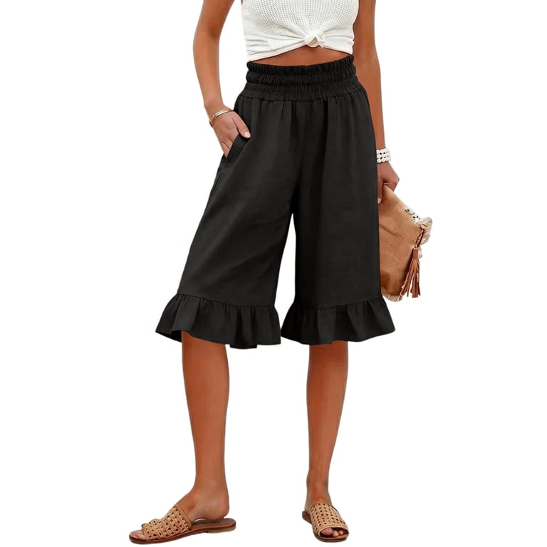 Cotton Linen Ruffle Hem Culottes for Women 2026 Casual Lightweight
