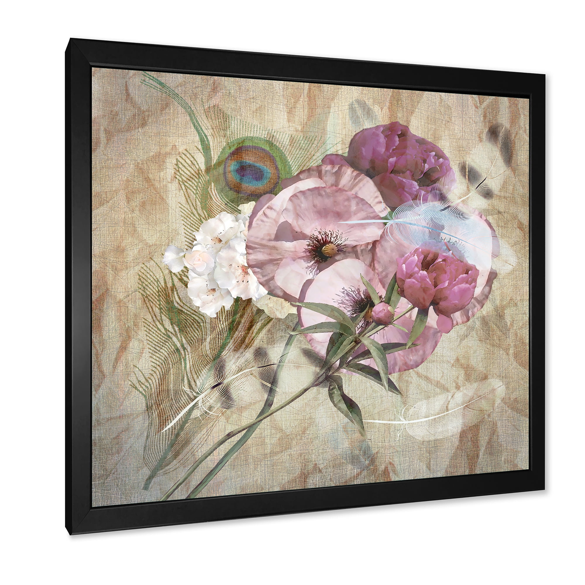 Designart 'Iris Bouquet Floral Design With Peacock Feather' Traditional Framed Art Print