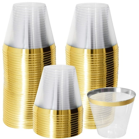 9 Oz Gold Plastic Cups, 100 Disposable Clear Plastic Party Glasses Tumblers with Rim For Wedding Parties, Cocktails, Punch, Champagne, Fancy Elegant Decorative Gold Rimmed Wine Cups by Gift