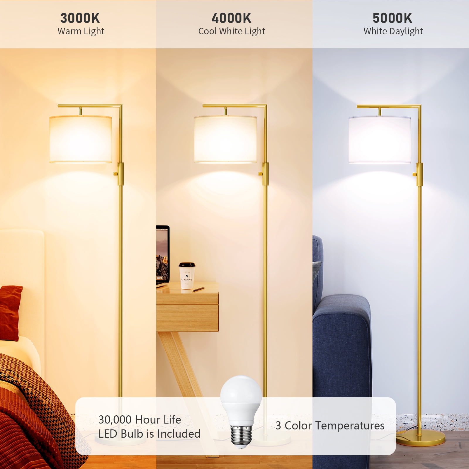 SUNMORY Iron Modern Standing Lamp, Gold Floor Lamp for Living Room, with Rotary Switch, Hanging Shade and 3 Color Temperatures 9W Bulb for Bedroom, Study Room, Office
