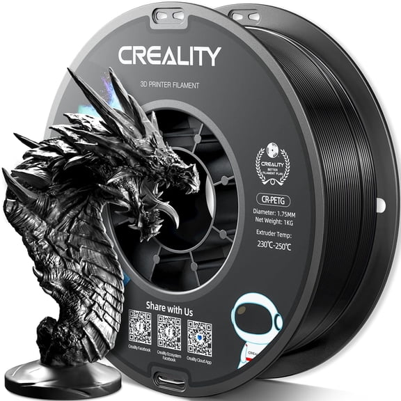 Official Creality PETG 3D Printer Filament 1.75mm 1KG (2.2lbs), High Precision, Strong Toughness, Odorless, Better Flow, Moistureproof Printing CR Filament, Black
