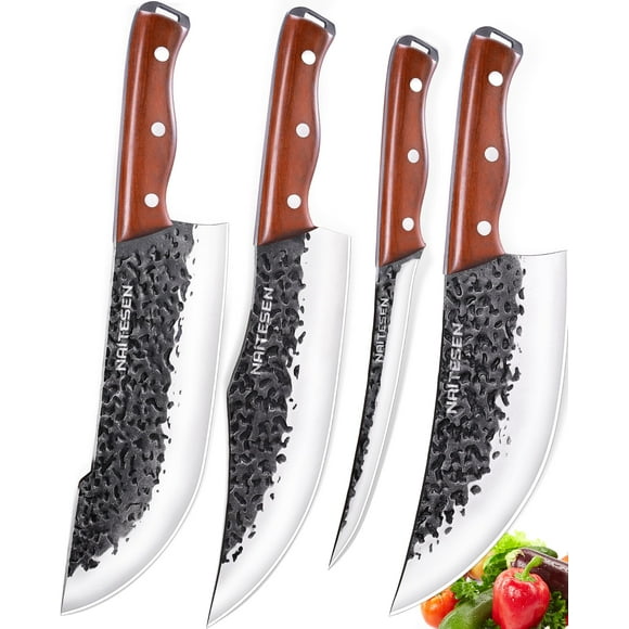 Naitesen Ensemble de Couteaux de Boucher 4, Couteau de Chef de Cuisine Serbe Couteau à Viande Couteau à Désosser Forgé à la Main Très Tranchant pour Couper la Viande Cuisine Maison Camping BBQ