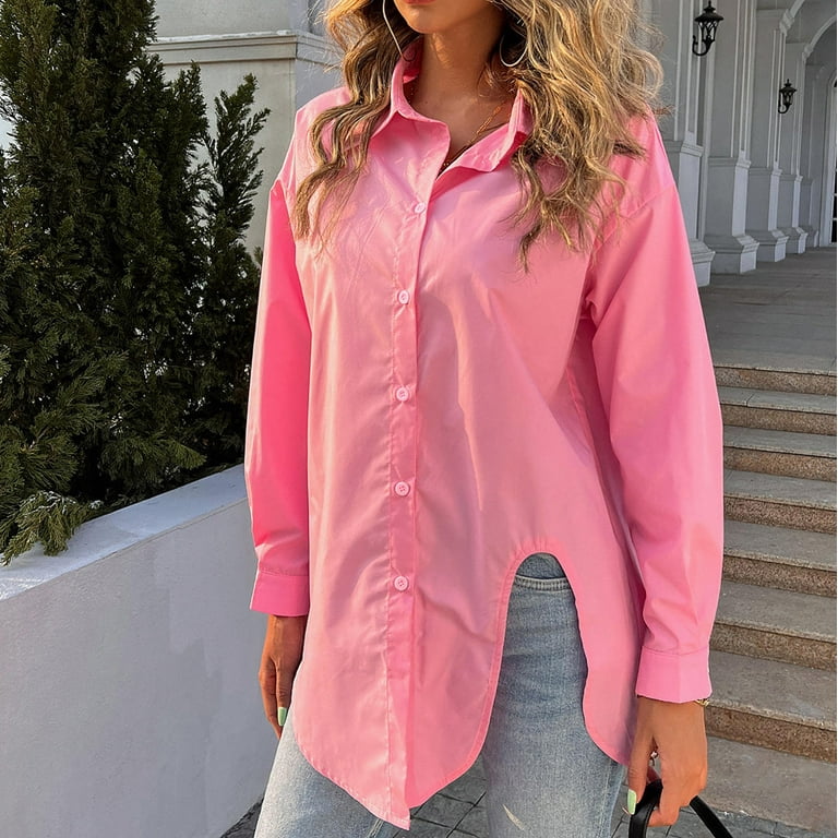 Long Sleeve Shirts Comfy Button Down Collared Solid Plus Size Tops for  Women Tunic Tops to Wear with Leggings Flowy Hide Belly Long Shirt Dressy  Pink